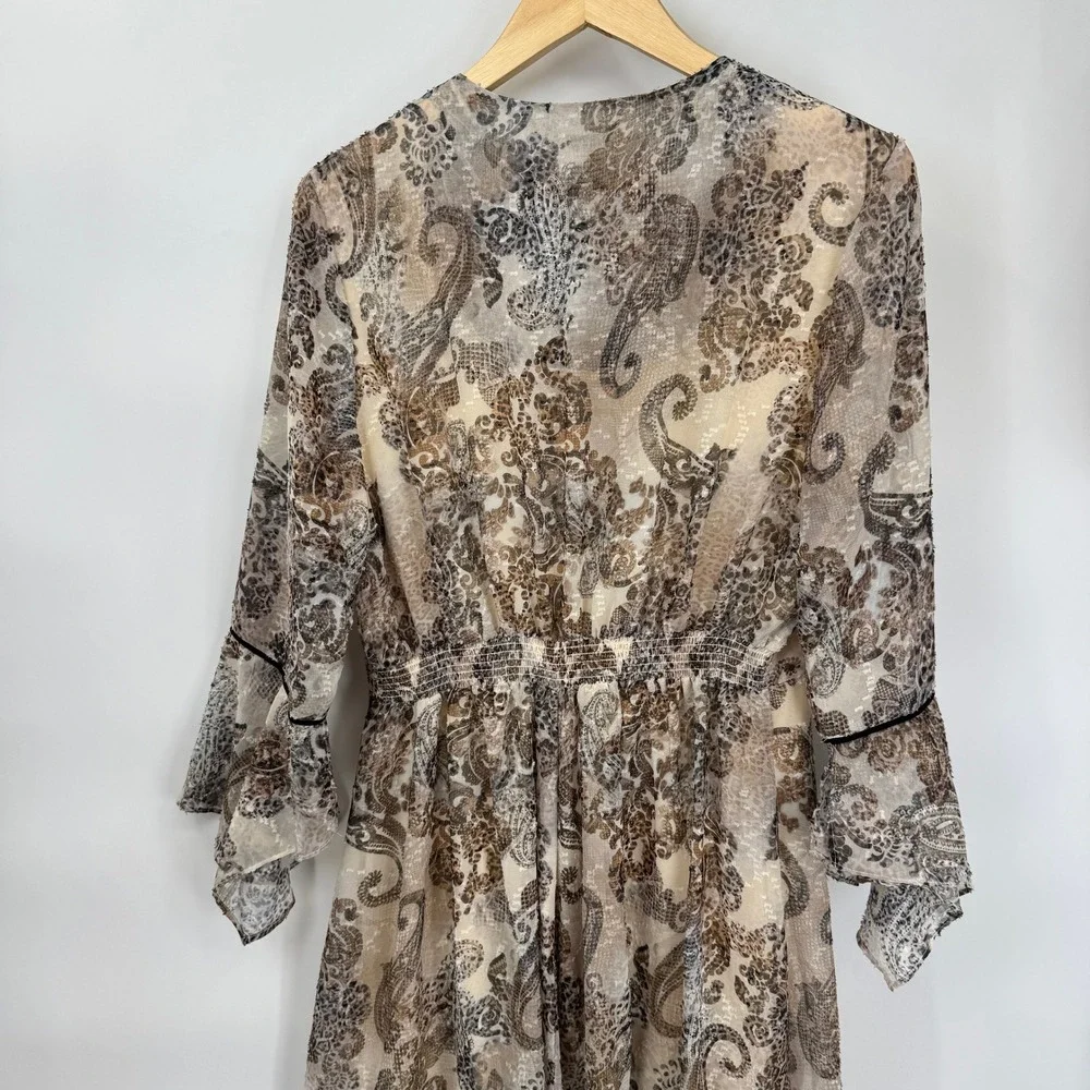 Reba Midi Dress Womens Large Paisley Print Chiffon Brown Black Bell Sleeve Boho